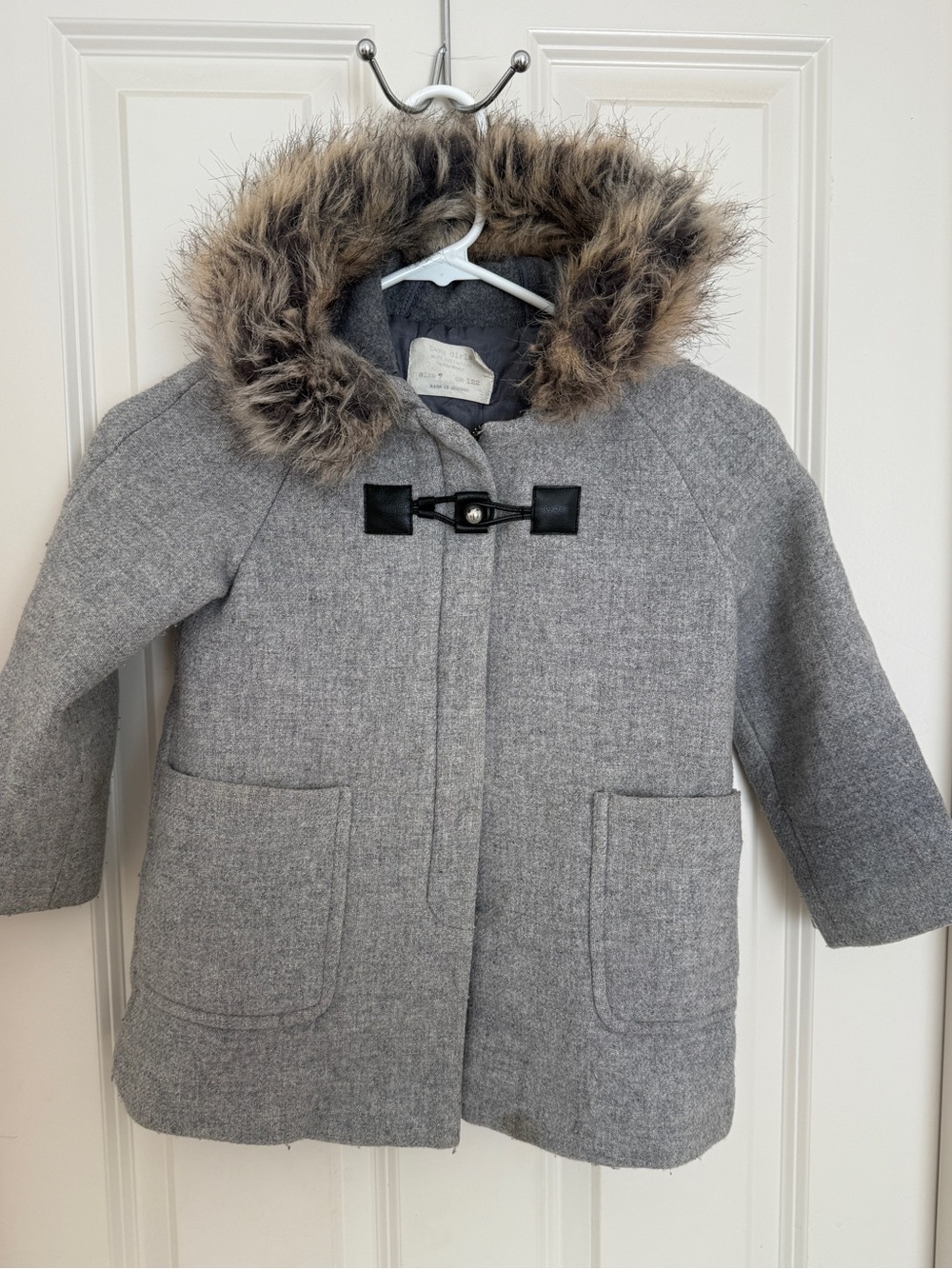 Kids' Gray Hooded Winter Coat with Faux Fur Trim